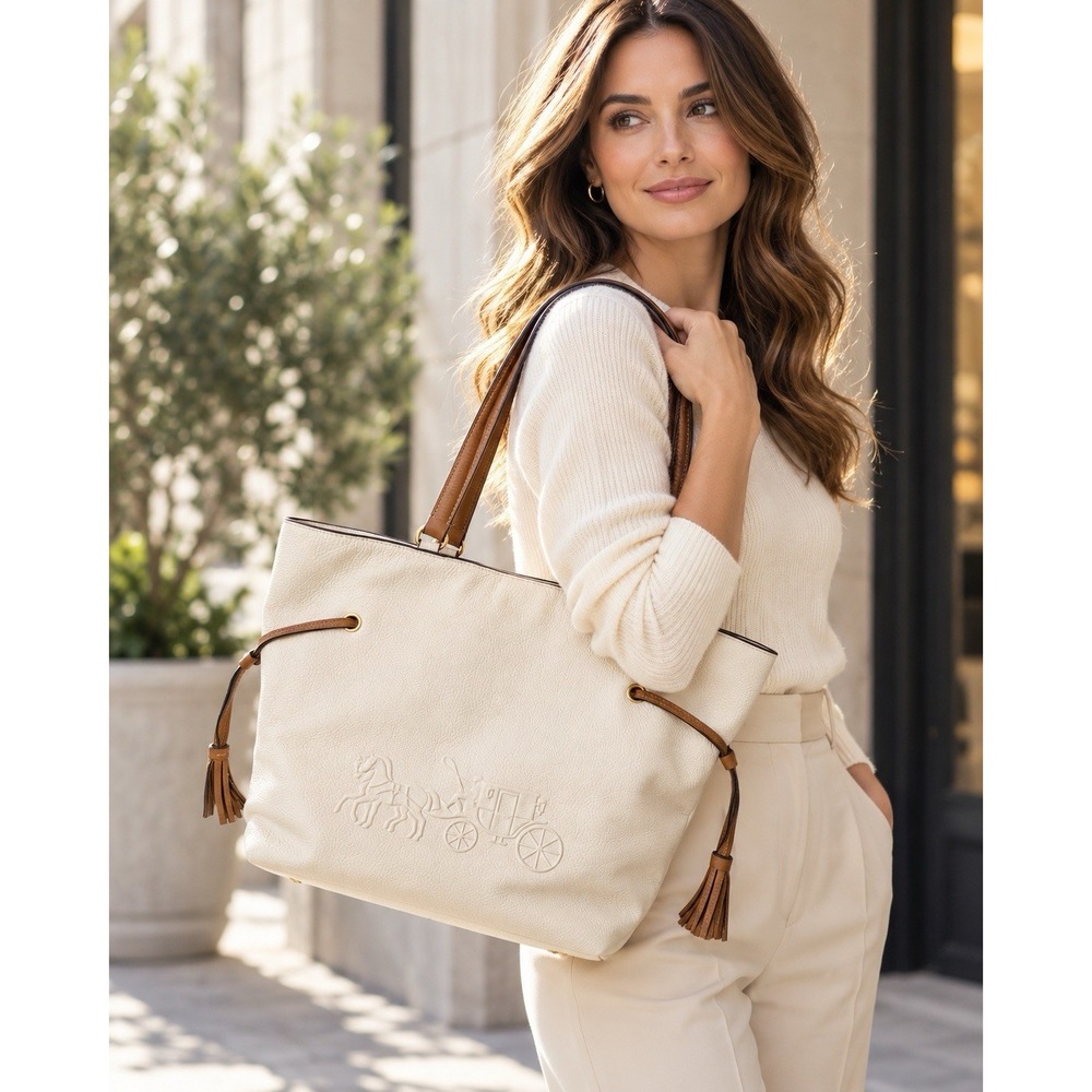 Coach Andy Tote CA165 Chalk Saddle Pebbled Leather Horse Carriage Tassel Bag